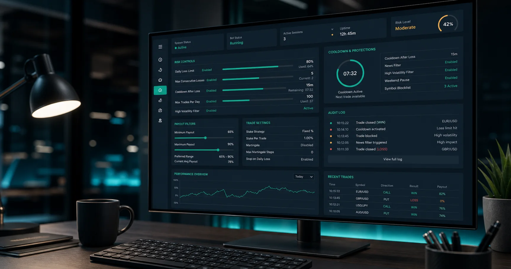 Professional desktop trading automation dashboard with risk controls and audit logs
